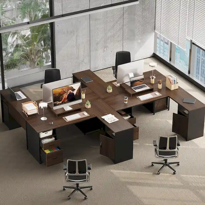 Scrivania angolare da 63" per ufficio con cassetti per schedari e vano portaoggetti, scrivania per computer con supporto per monitor e scomparti aperti