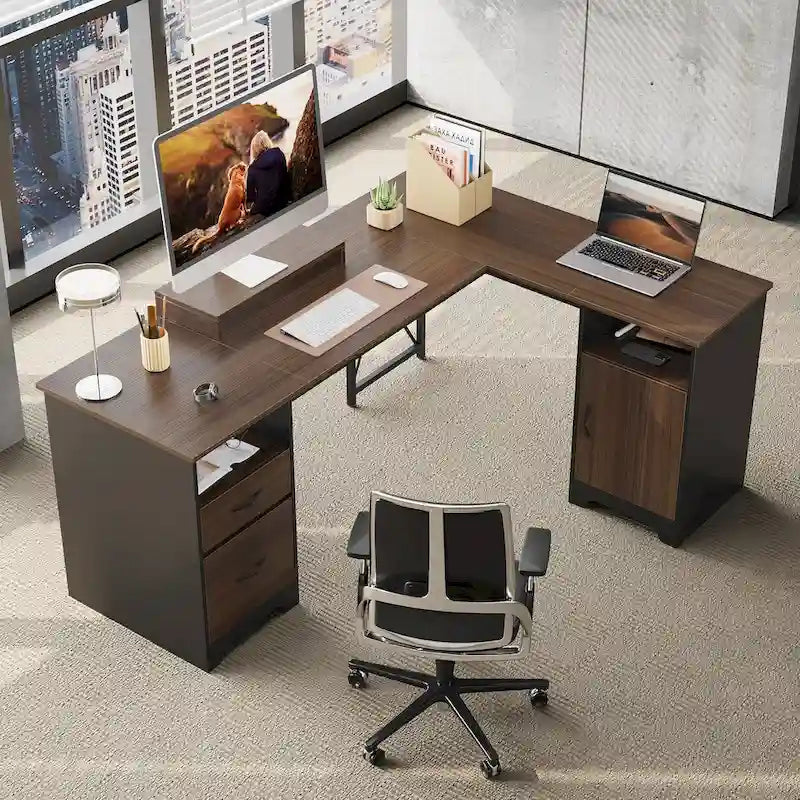 Scrivania angolare da 63" per ufficio con cassetti per schedari e vano portaoggetti, scrivania per computer con supporto per monitor e scomparti aperti