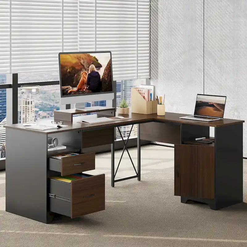 Scrivania angolare da 63" per ufficio con cassetti per schedari e vano portaoggetti, scrivania per computer con supporto per monitor e scomparti aperti