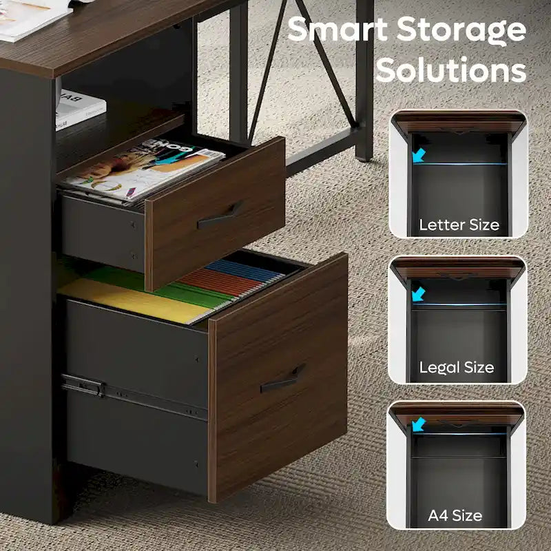 Scrivania angolare da 63" per ufficio con cassetti per schedari e vano portaoggetti, scrivania per computer con supporto per monitor e scomparti aperti