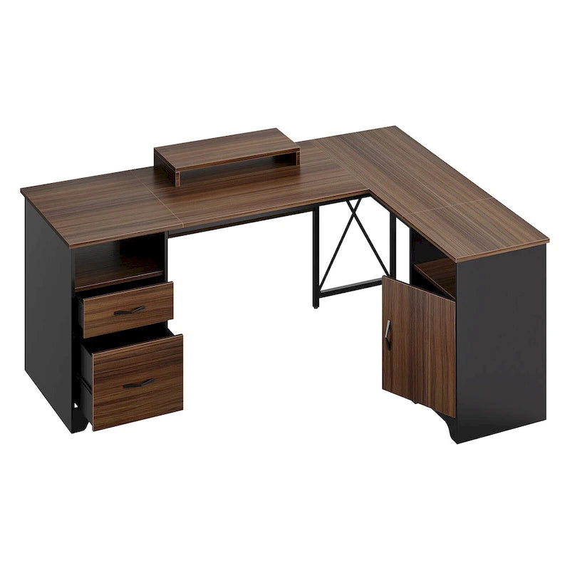 Scrivania angolare da 63" per ufficio con cassetti per schedari e vano portaoggetti, scrivania per computer con supporto per monitor e scomparti aperti