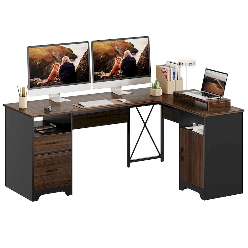 Scrivania angolare da 63" per ufficio con cassetti per schedari e vano portaoggetti, scrivania per computer con supporto per monitor e scomparti aperti
