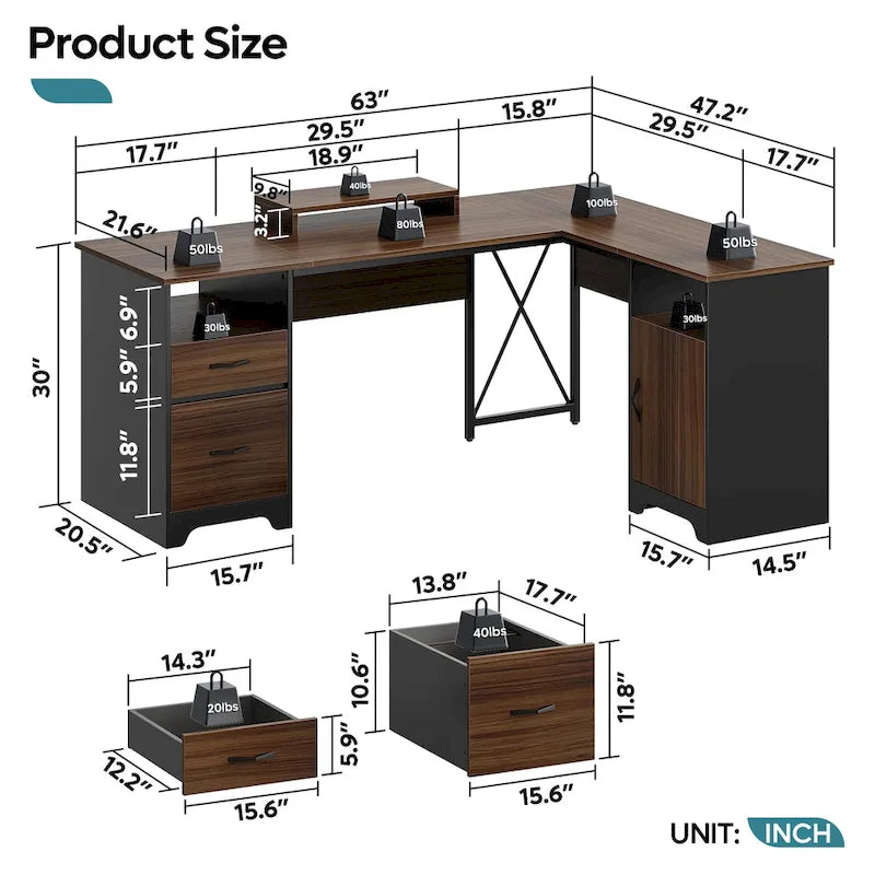 Scrivania angolare da 63" per ufficio con cassetti per schedari e vano portaoggetti, scrivania per computer con supporto per monitor e scomparti aperti