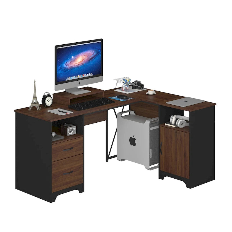 Scrivania angolare da 63" per ufficio con cassetti per schedari e vano portaoggetti, scrivania per computer con supporto per monitor e scomparti aperti