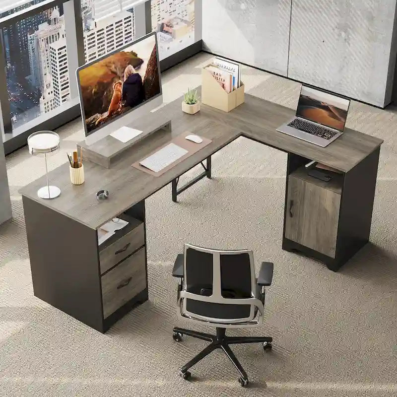 Scrivania angolare da 63" per ufficio con cassetti per schedari e vano portaoggetti, scrivania per computer con supporto per monitor e scomparti aperti