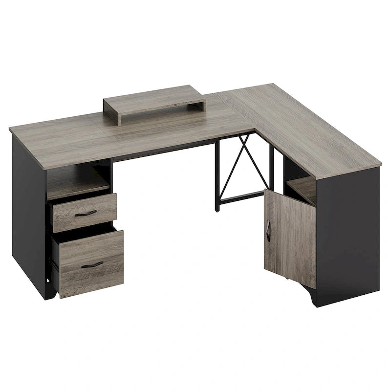 Scrivania angolare da 63" per ufficio con cassetti per schedari e vano portaoggetti, scrivania per computer con supporto per monitor e scomparti aperti