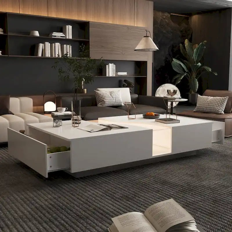 Eleganza Luminosa: Tavolino da Salotto Bianco con Due Cassetti e Piano con Display LED