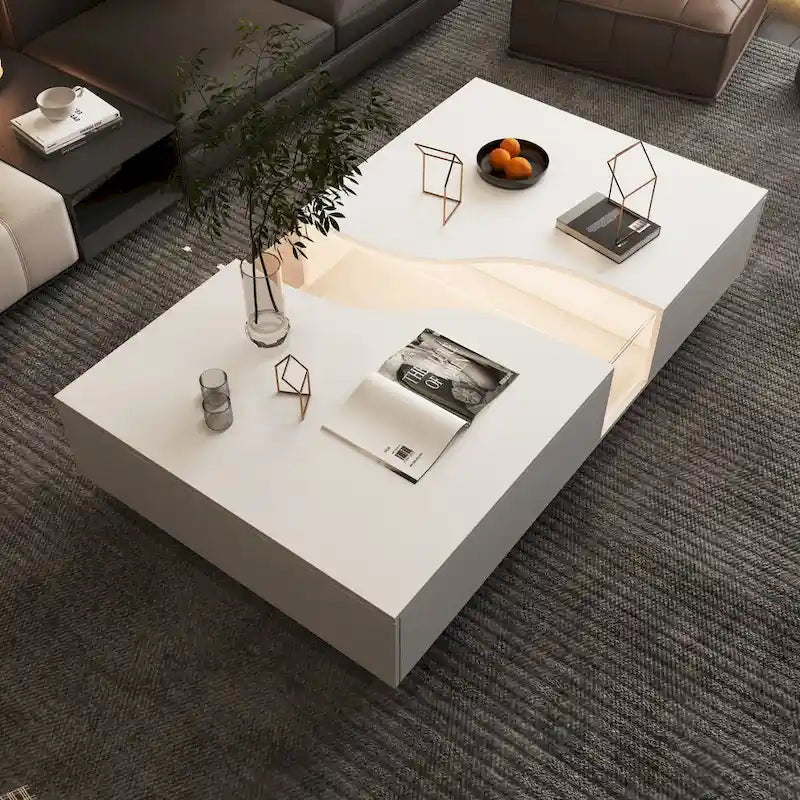 Eleganza Luminosa: Tavolino da Salotto Bianco con Due Cassetti e Piano con Display LED