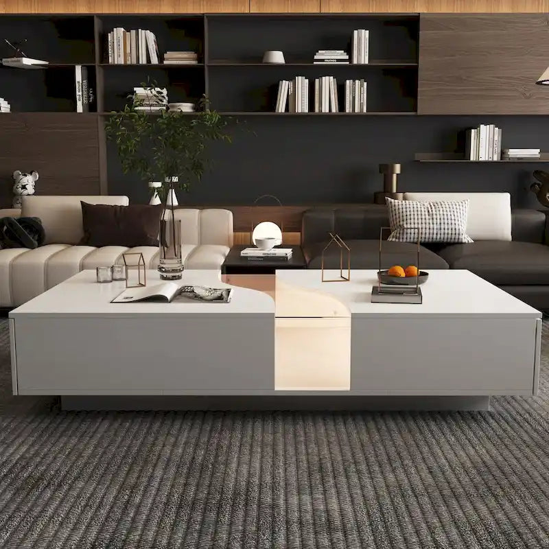 Eleganza Luminosa: Tavolino da Salotto Bianco con Due Cassetti e Piano con Display LED