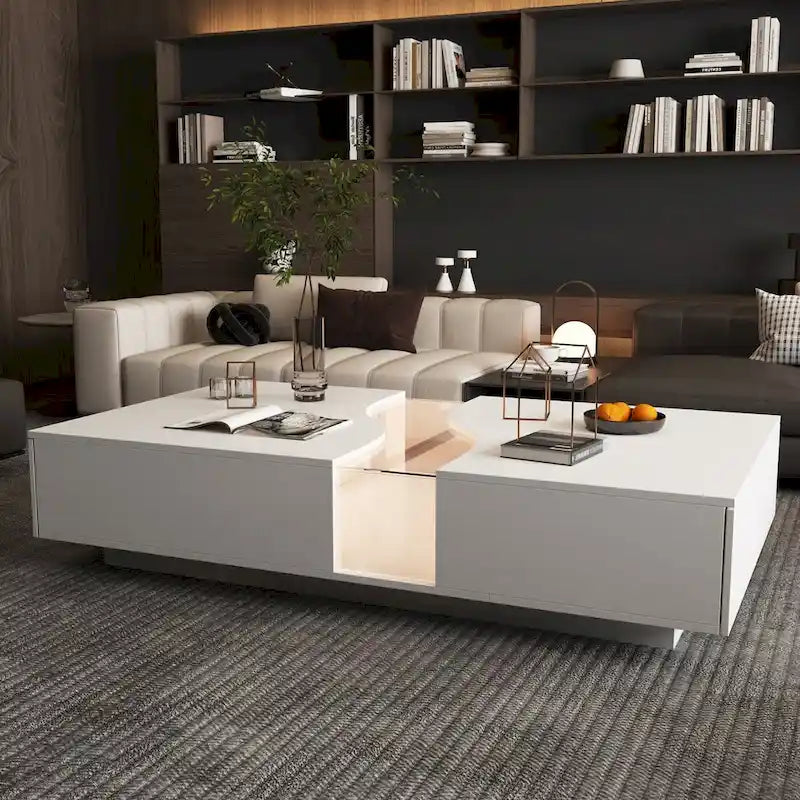 Eleganza Luminosa: Tavolino da Salotto Bianco con Due Cassetti e Piano con Display LED