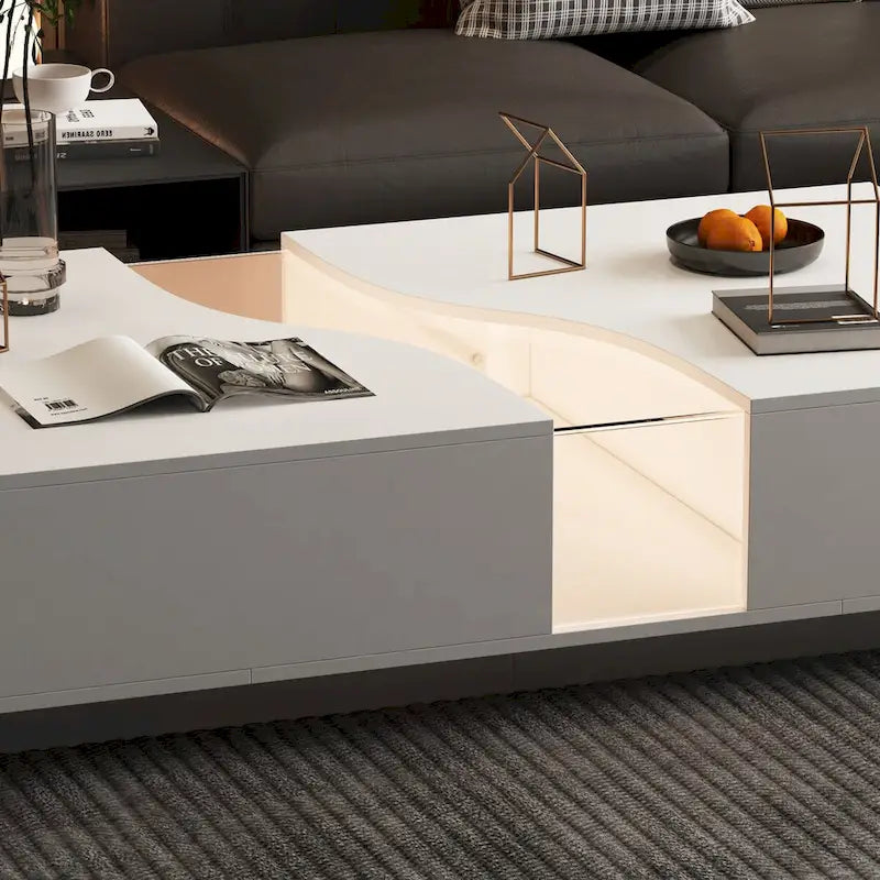 Eleganza Luminosa: Tavolino da Salotto Bianco con Due Cassetti e Piano con Display LED