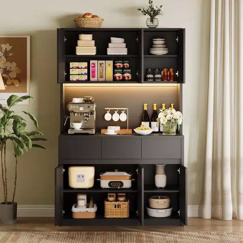 Mobile dispensa da cucina da 71 pollici, mobile dispensa con luci a LED e prese di corrente, mobile buffet con supporto per microonde, ripiani regolabili