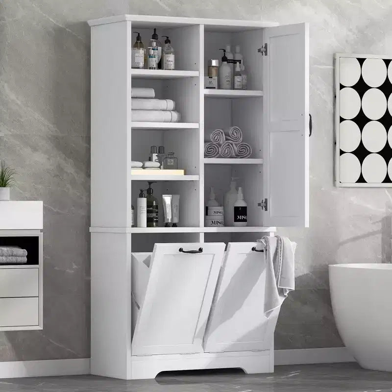 Meuble de rangement de salle de bain avec portes et tiroirs, panier à linge inclinable, plusieurs espaces de rangement, style autoportant