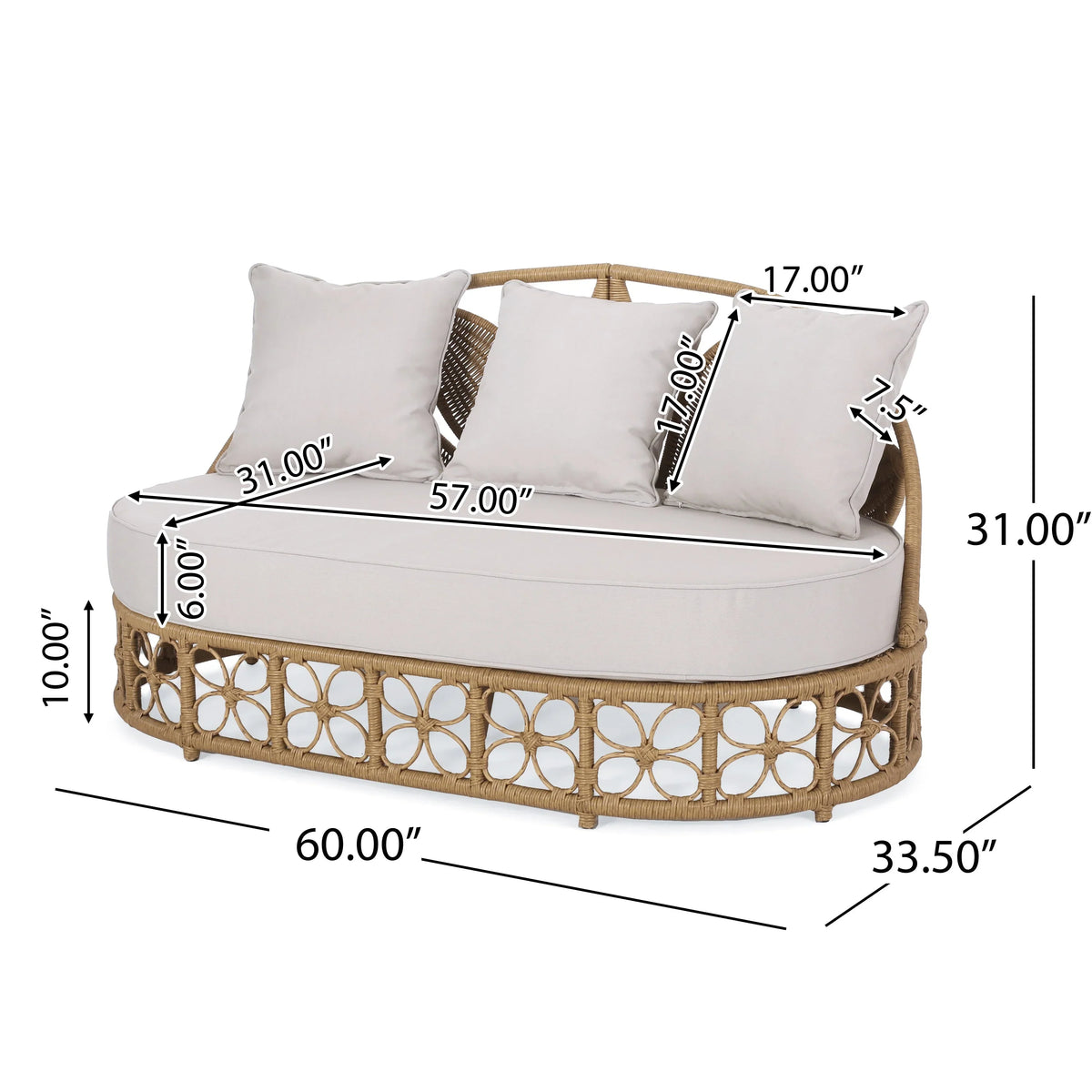 Homan Letto da giorno in vimini per esterni con cuscini, marrone chiaro e beige