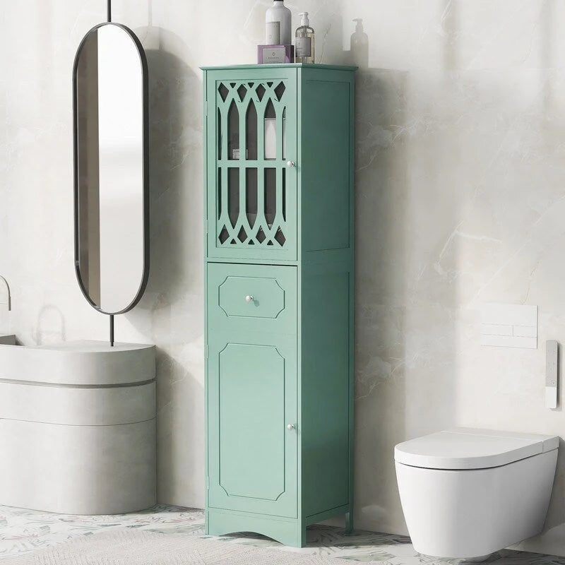 Grondin MDF Board 63.8 Tall Bathroom Tower Cabinet, Freestanding Bathroom Storage Cabinet with Drawer and Acrylic Door