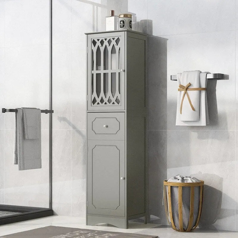 Grondin MDF Board 63.8 Tall Bathroom Tower Cabinet, Freestanding Bathroom Storage Cabinet with Drawer and Acrylic Door