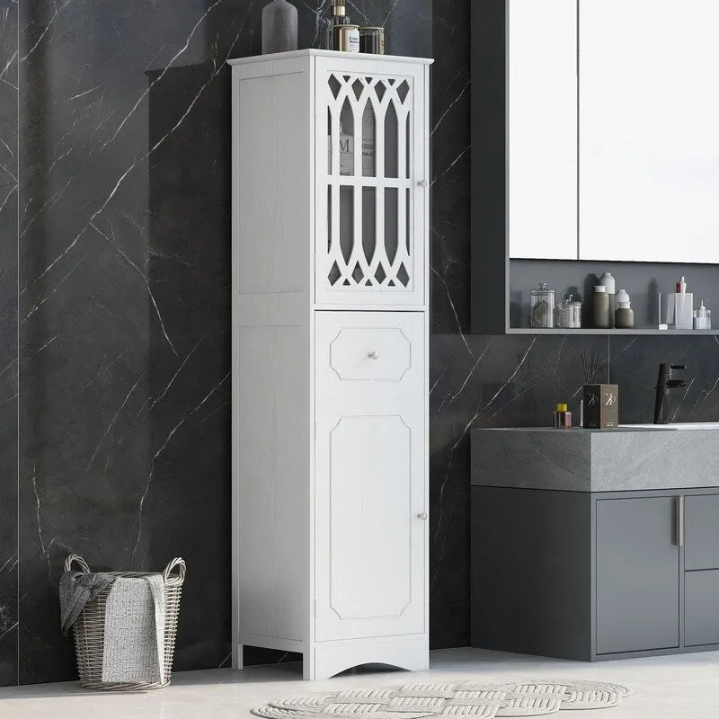Grondin MDF Board 63.8 Tall Bathroom Tower Cabinet, Freestanding Bathroom Storage Cabinet with Drawer and Acrylic Door