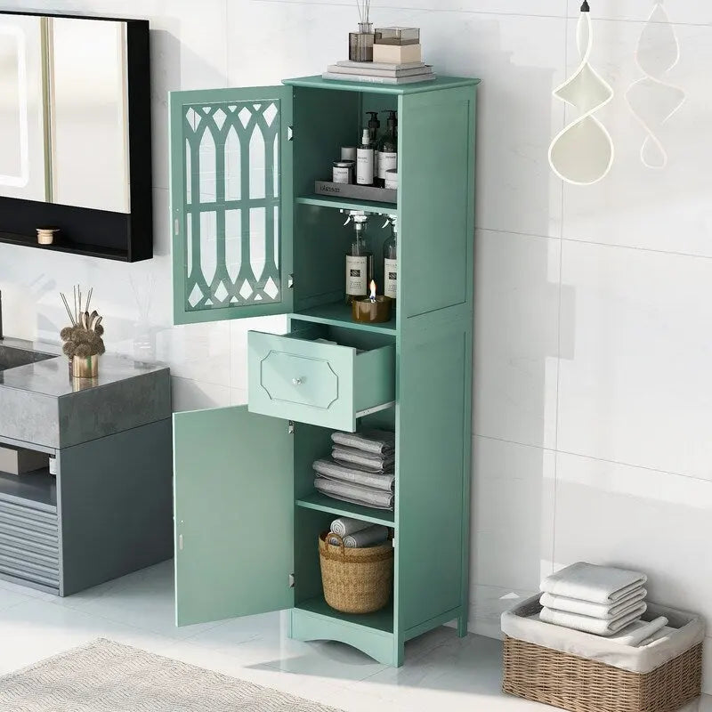Grondin MDF Board 63.8 Tall Bathroom Tower Cabinet, Freestanding Bathroom Storage Cabinet with Drawer and Acrylic Door