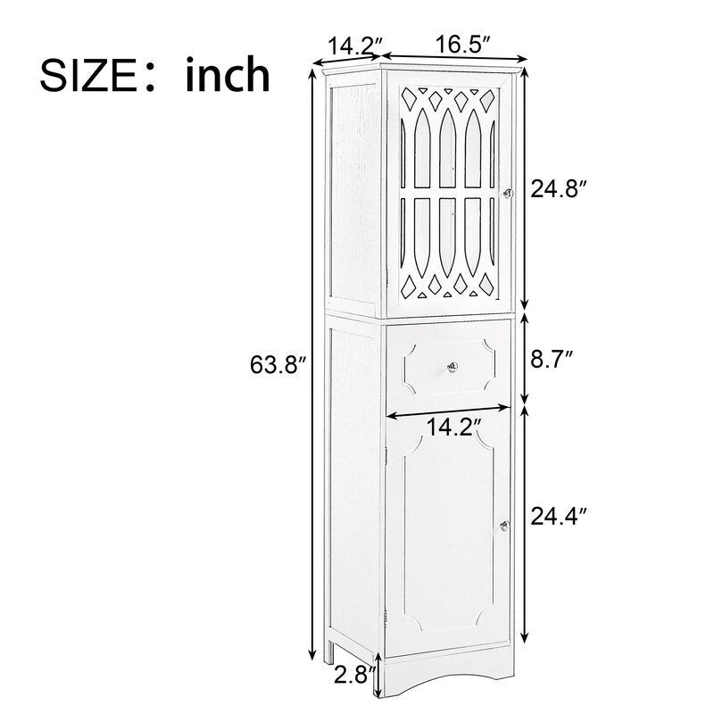Grondin MDF Board 63.8 Tall Bathroom Tower Cabinet, Freestanding Bathroom Storage Cabinet with Drawer and Acrylic Door