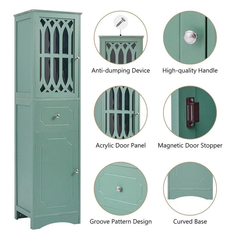Grondin MDF Board 63.8 Tall Bathroom Tower Cabinet, Freestanding Bathroom Storage Cabinet with Drawer and Acrylic Door