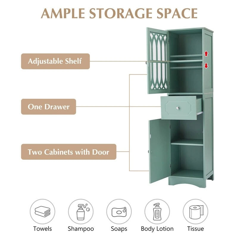 Grondin MDF Board 63.8 Tall Bathroom Tower Cabinet, Freestanding Bathroom Storage Cabinet with Drawer and Acrylic Door