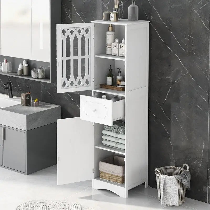 Grondin MDF Board 63.8 Tall Bathroom Tower Cabinet, Freestanding Bathroom Storage Cabinet with Drawer and Acrylic Door