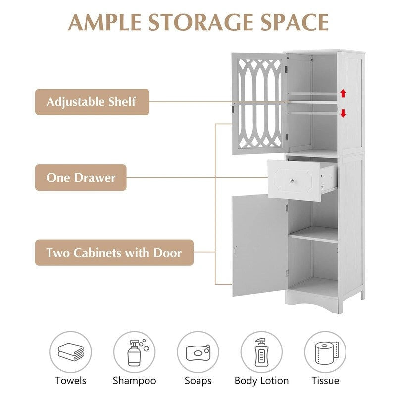 Grondin MDF Board 63.8 Tall Bathroom Tower Cabinet, Freestanding Bathroom Storage Cabinet with Drawer and Acrylic Door