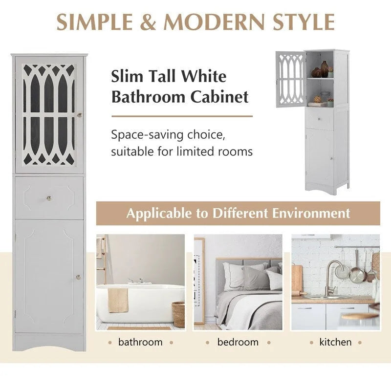 Grondin MDF Board 63.8 Tall Bathroom Tower Cabinet, Freestanding Bathroom Storage Cabinet with Drawer and Acrylic Door