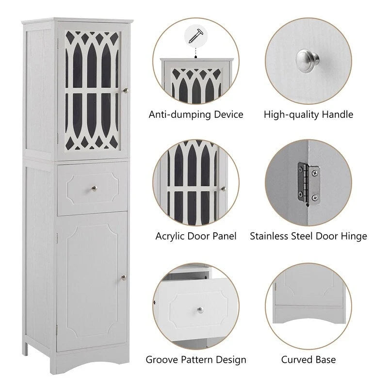 Grondin MDF Board 63.8 Tall Bathroom Tower Cabinet, Freestanding Bathroom Storage Cabinet with Drawer and Acrylic Door