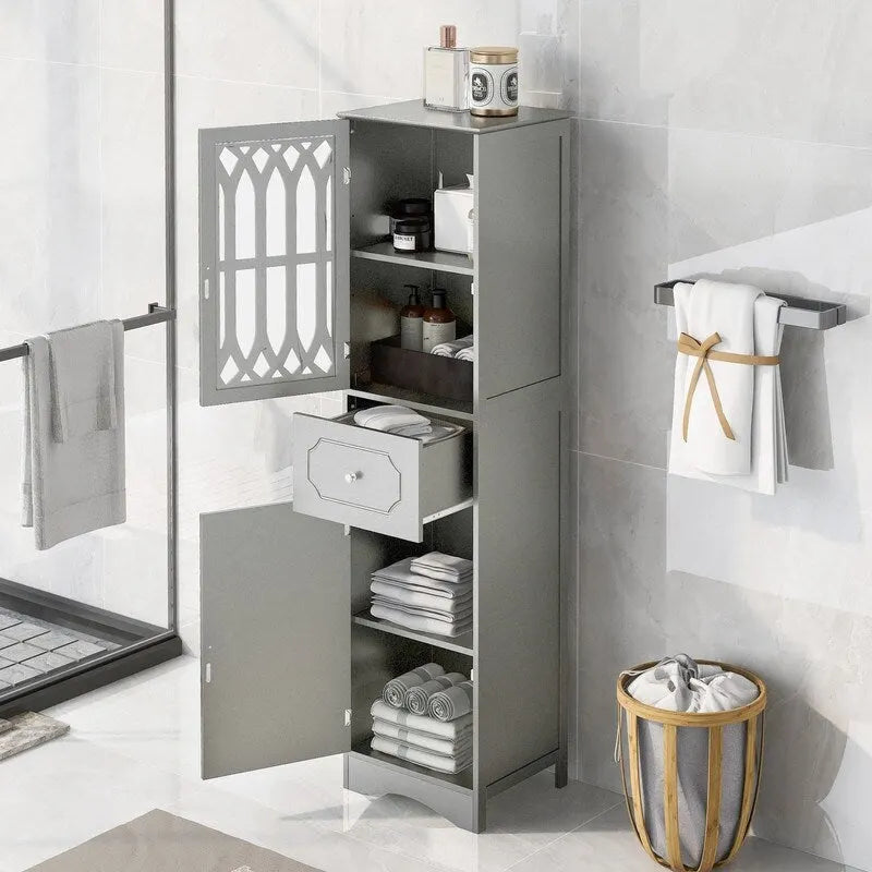 Grondin MDF Board 63.8 Tall Bathroom Tower Cabinet, Freestanding Bathroom Storage Cabinet with Drawer and Acrylic Door