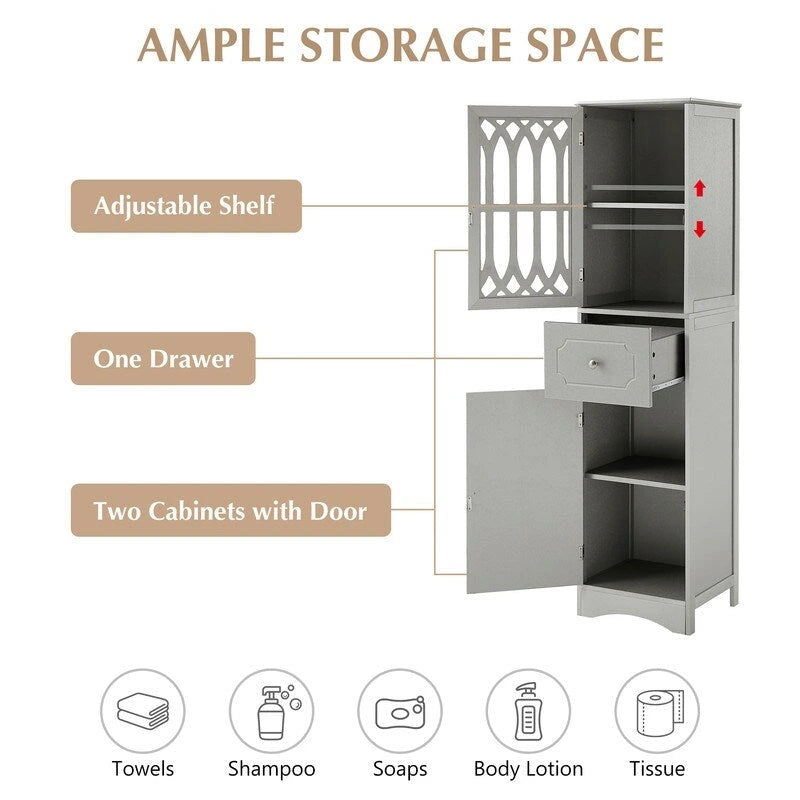 Grondin MDF Board 63.8 Tall Bathroom Tower Cabinet, Freestanding Bathroom Storage Cabinet with Drawer and Acrylic Door