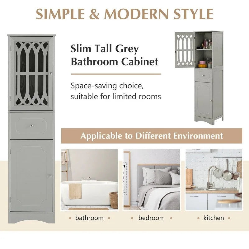 Grondin MDF Board 63.8 Tall Bathroom Tower Cabinet, Freestanding Bathroom Storage Cabinet with Drawer and Acrylic Door