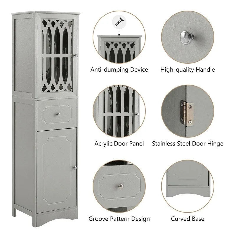 Grondin MDF Board 63.8 Tall Bathroom Tower Cabinet, Freestanding Bathroom Storage Cabinet with Drawer and Acrylic Door