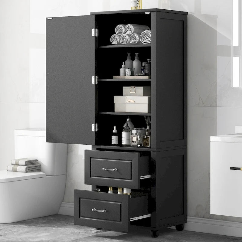 Freestanding Tall Bathroom Storage Cabinet with Door, 2 Drawers and Adjustable Shelf
