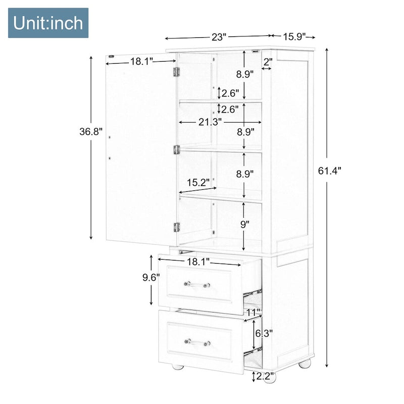 Freestanding Tall Bathroom Storage Cabinet with Door, 2 Drawers and Adjustable Shelf