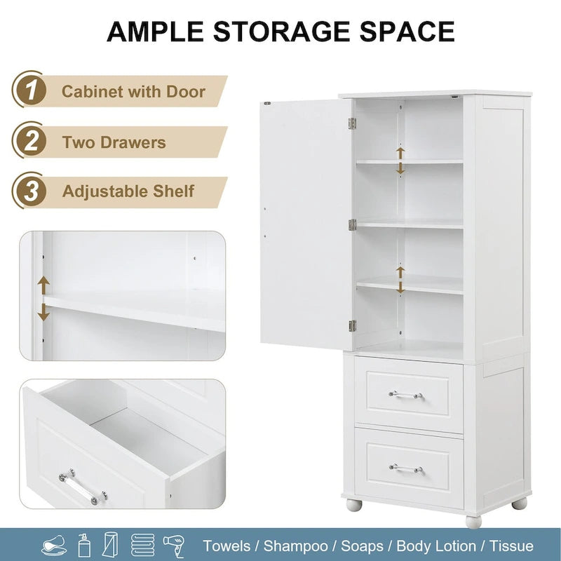 Freestanding Tall Bathroom Storage Cabinet with Door, 2 Drawers and Adjustable Shelf
