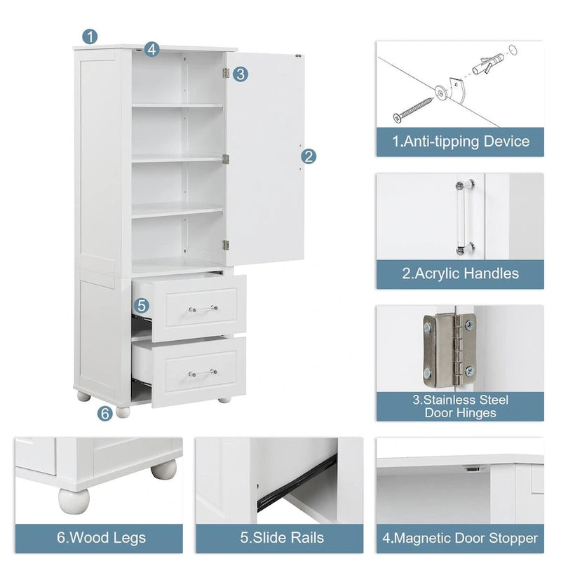 Freestanding Tall Bathroom Storage Cabinet with Door, 2 Drawers and Adjustable Shelf
