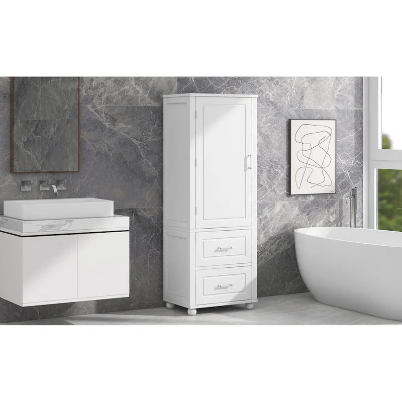 Freestanding Tall Bathroom Storage Cabinet with Door, 2 Drawers and Adjustable Shelf