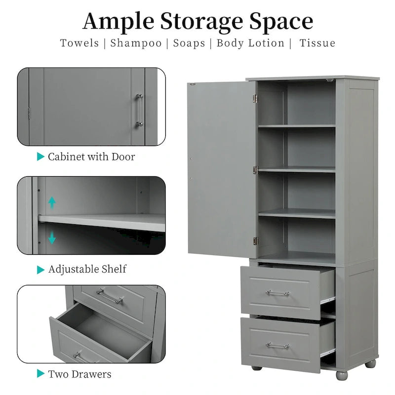 Freestanding Tall Bathroom Storage Cabinet with Door, 2 Drawers and Adjustable Shelf