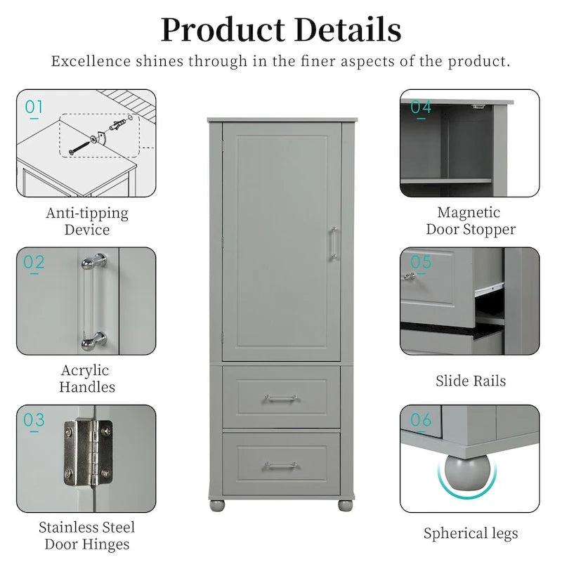 Freestanding Tall Bathroom Storage Cabinet with Door, 2 Drawers and Adjustable Shelf