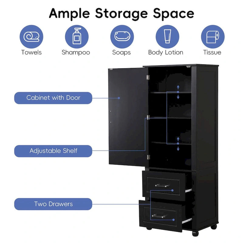 Freestanding Tall Bathroom Storage Cabinet with Door, 2 Drawers and Adjustable Shelf