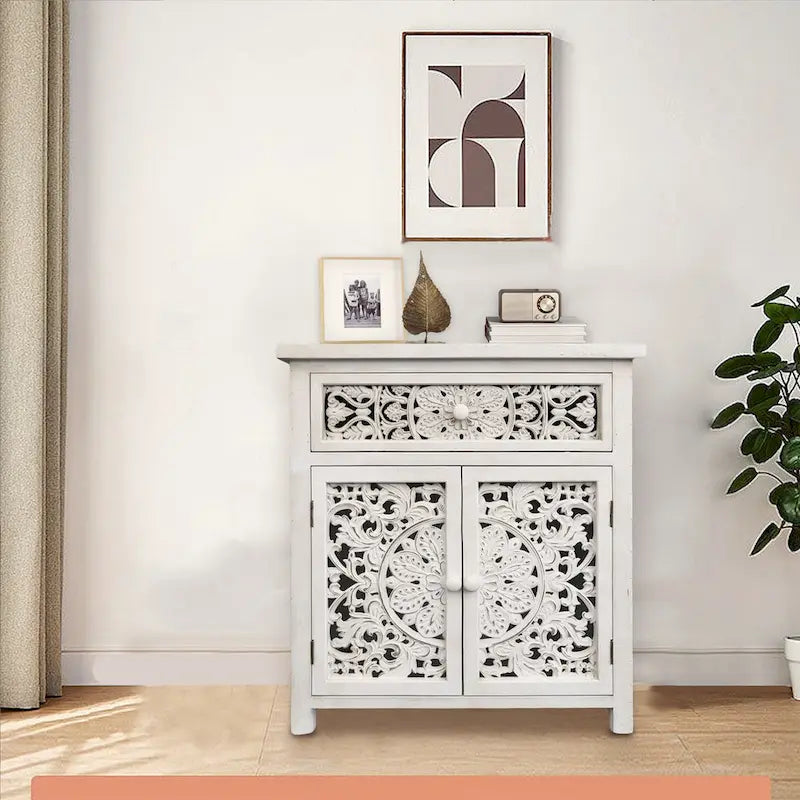 Credenza rustica intagliata in legno con 1 cassetto e 2 ante, Bianco anticato, 31 H - 27,6 x 13,8 x 31
