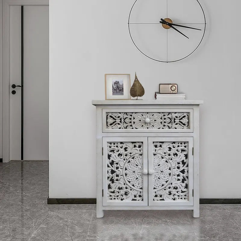 Credenza rustica intagliata in legno con 1 cassetto e 2 ante, Bianco anticato, 31 H - 27,6 x 13,8 x 31