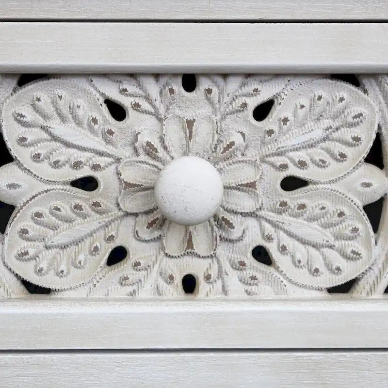 Credenza rustica intagliata in legno con 1 cassetto e 2 ante, Bianco anticato, 31 H - 27,6 x 13,8 x 31