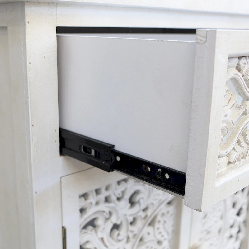 Credenza rustica intagliata in legno con 1 cassetto e 2 ante, Bianco anticato, 31 H - 27,6 x 13,8 x 31