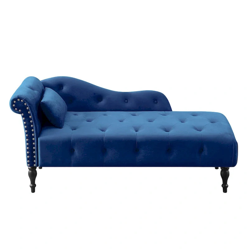 Moderna poltrona a sdraio imbottita in velluto da 60,6" con bottoni capitonné, gambe in legno massello e borchie