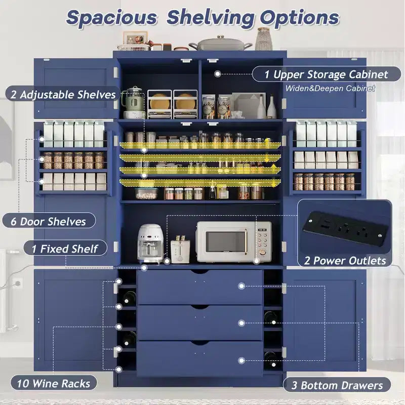 Dispensa Alta da Cucina con Prese di Corrente, Grande Credenza Autoportante con Supporto per Microonde, Cassetti, Scaffali, Portabottiglie e Ante con Ripiani