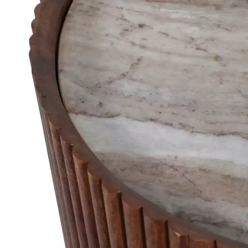Tavolino Laterale Decorativo in Legno Scanalato con Piano in Marmo e Spazio Contenitivo - Piccolo Tavolino d'Appoggio per Arredo Camera da Letto o Soggiorno