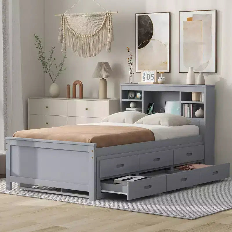 Letto a piattaforma con letto estraibile e cassetti, Letto a piattaforma contenitore con USB, Letto a piattaforma in legno con libreria