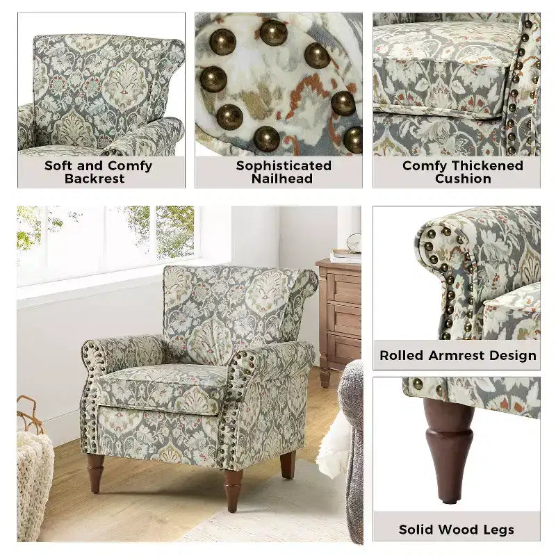 Poltrona Araceli Tradizionale in Legno Imbottita Floreale con Schienale Alto e Borchie | ART OF LIVING DESIGNS